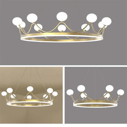 Crown design gold chandelier with white spheres for living room