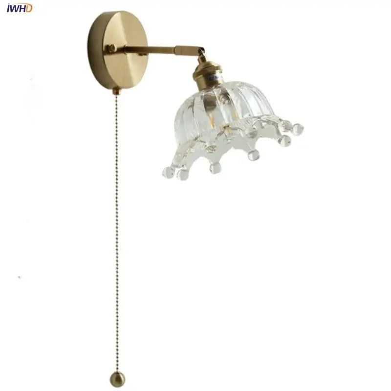 Crown glass led wall light with brass pull chain bedroom fixture