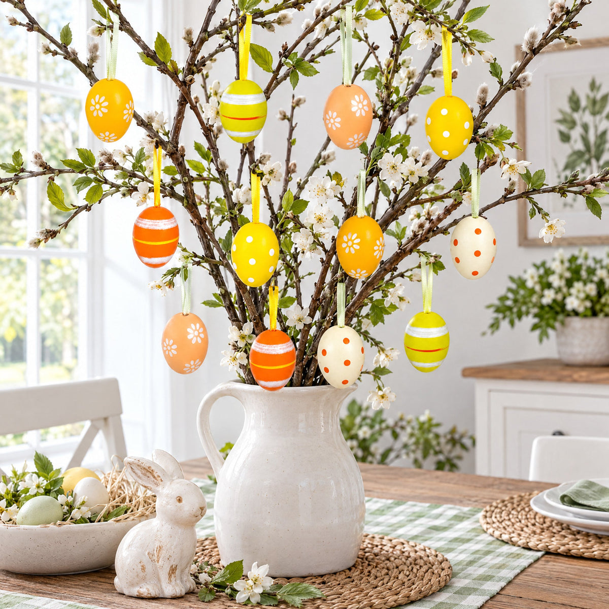 Set of 12 Miniature Pastel Yellow Polka Dot, Flowers, Stripes Plastic Easter Egg Ornaments 1.5 Inches