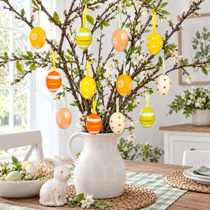 Set of 12 Miniature Pastel Yellow Polka Dot, Flowers, Stripes Plastic Easter Egg Ornaments 1.5 Inches