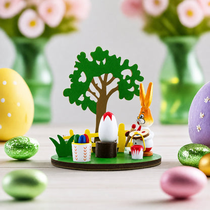 Wooden Bunny Figurine Decorating Easter Eggs Tabletop Scene 4.2 Inches Tall