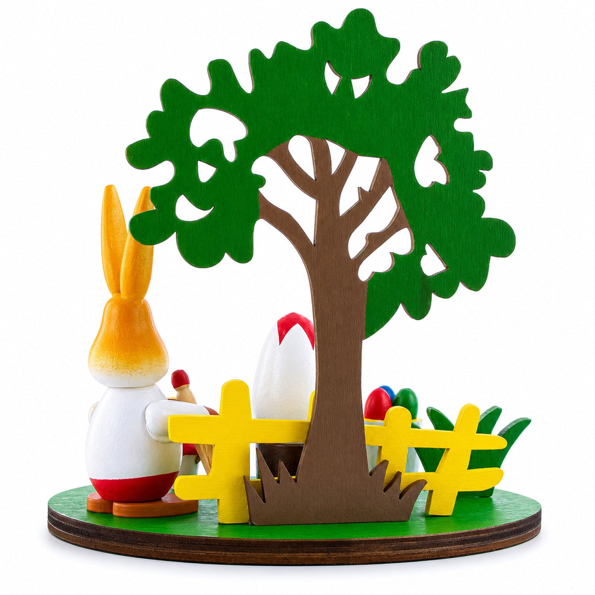 Wooden Bunny Figurine Decorating Easter Eggs Tabletop Scene 4.2 Inches Tall