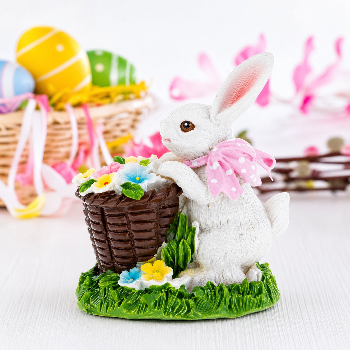 Spring Bunny Figurine With Floral Basket Easter Tabletop Accent 3 Inches Tall