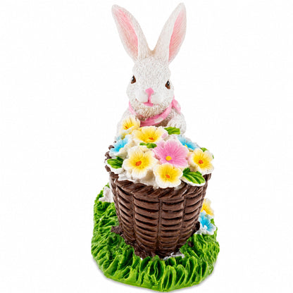 Spring Bunny Figurine With Floral Basket Easter Tabletop Accent 3 Inches Tall