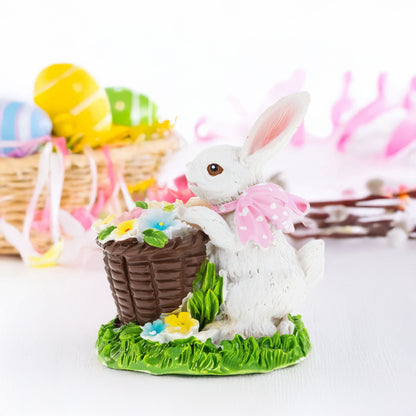 Spring Bunny Figurine With Floral Basket Easter Tabletop Accent 3 Inches Tall