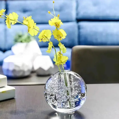 Crystal bubble ball vase with yellow artificial flowers for desk