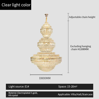 Crystal duplex chandelier gold tiered light for hotel lobby