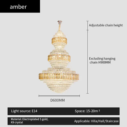 Crystal duplex chandelier gold tiered light for hotel lobby