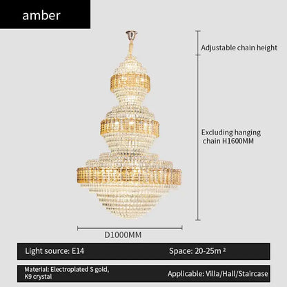 Crystal duplex chandelier gold tiered light for hotel lobby