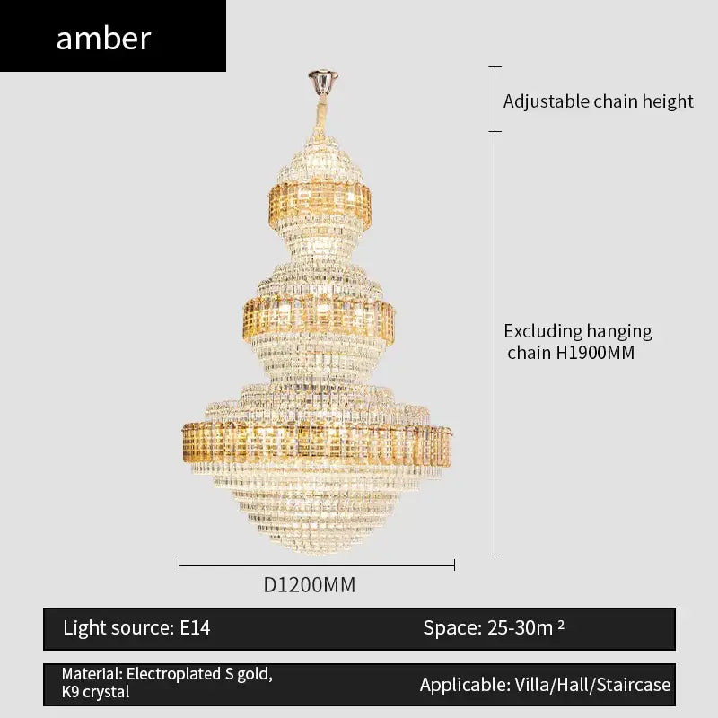 Crystal duplex chandelier gold tiered light for hotel lobby