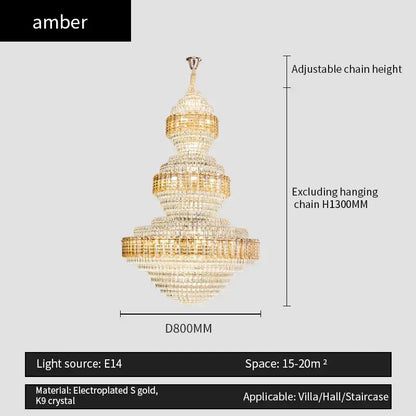 Crystal duplex chandelier gold tiered light for hotel lobby