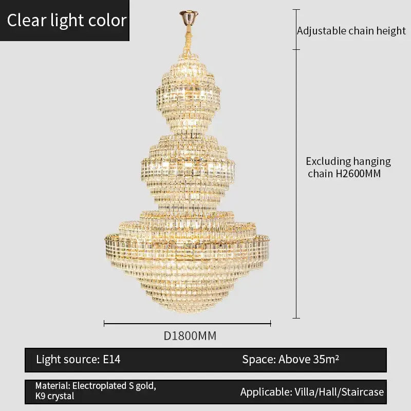 Crystal duplex chandelier gold tiered light for hotel lobby