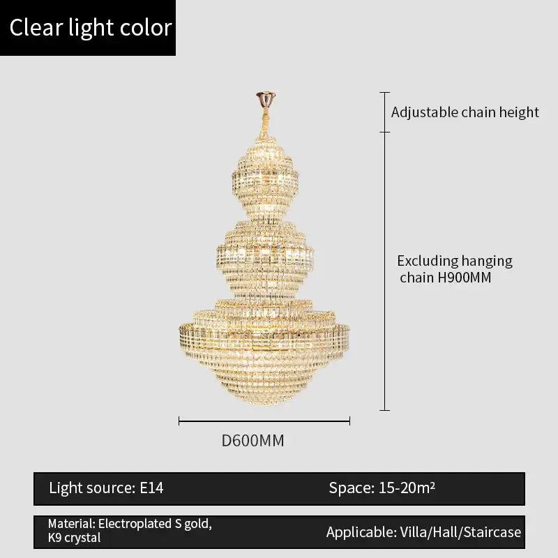 Crystal duplex chandelier gold tiered light for hotel lobby