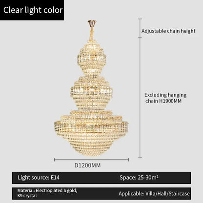 Crystal duplex chandelier gold tiered light for hotel lobby