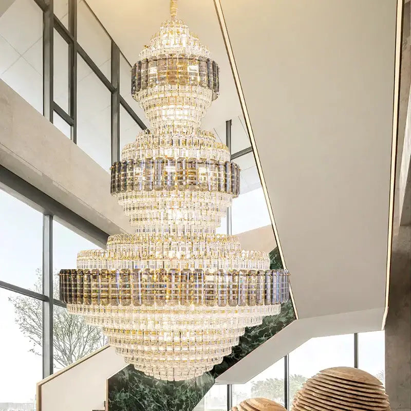 Crystal duplex chandelier gold tiered light for hotel lobby