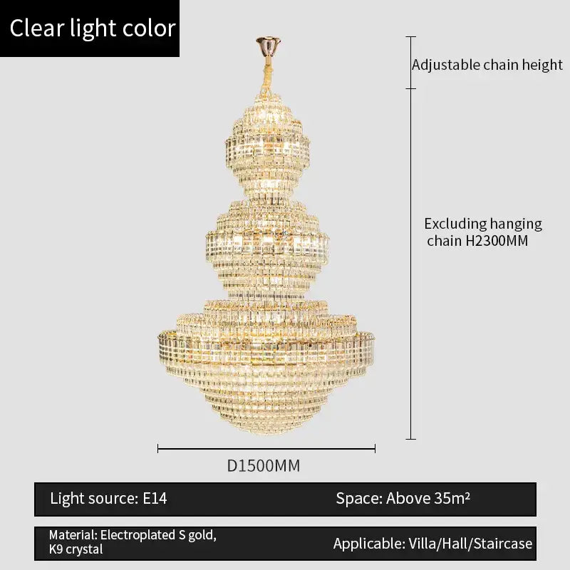 Crystal duplex chandelier gold tiered light for hotel lobby