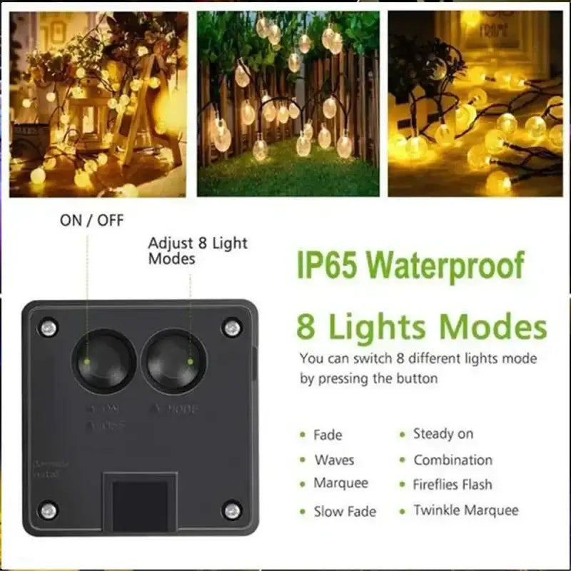 Crystal fairy solar string lights warm yellow patio decor