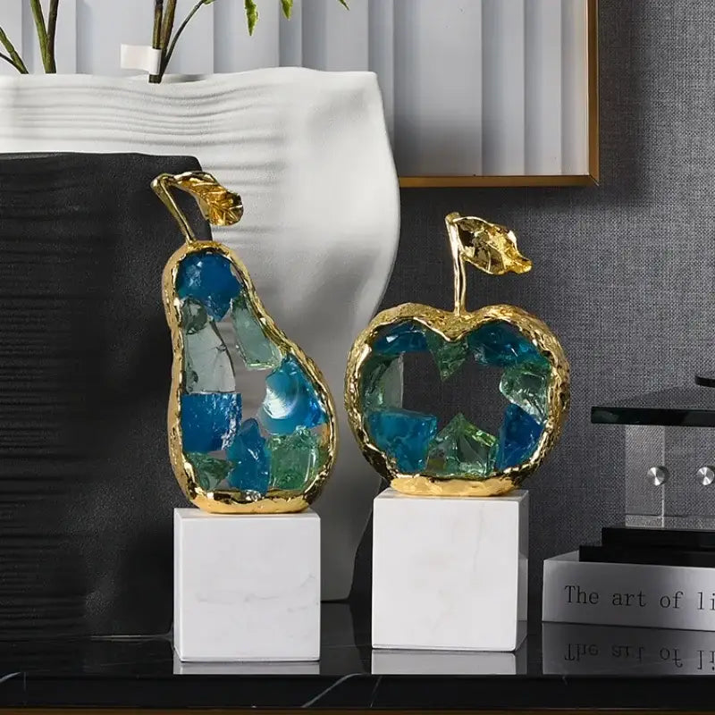 Crystal fruit sculpture set with blue & green glass for living room