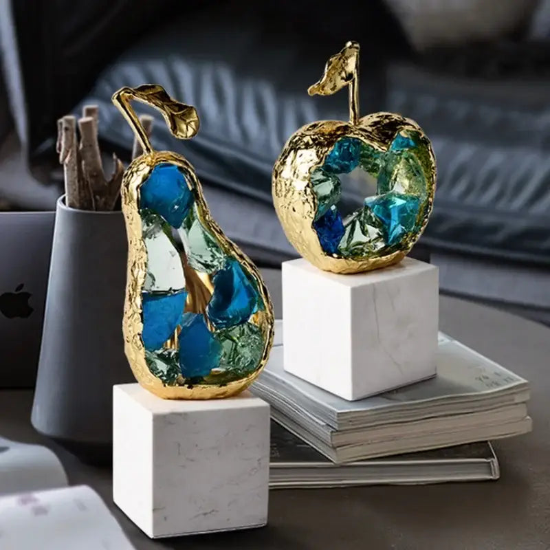 Crystal fruit sculpture set with blue & green glass for living room