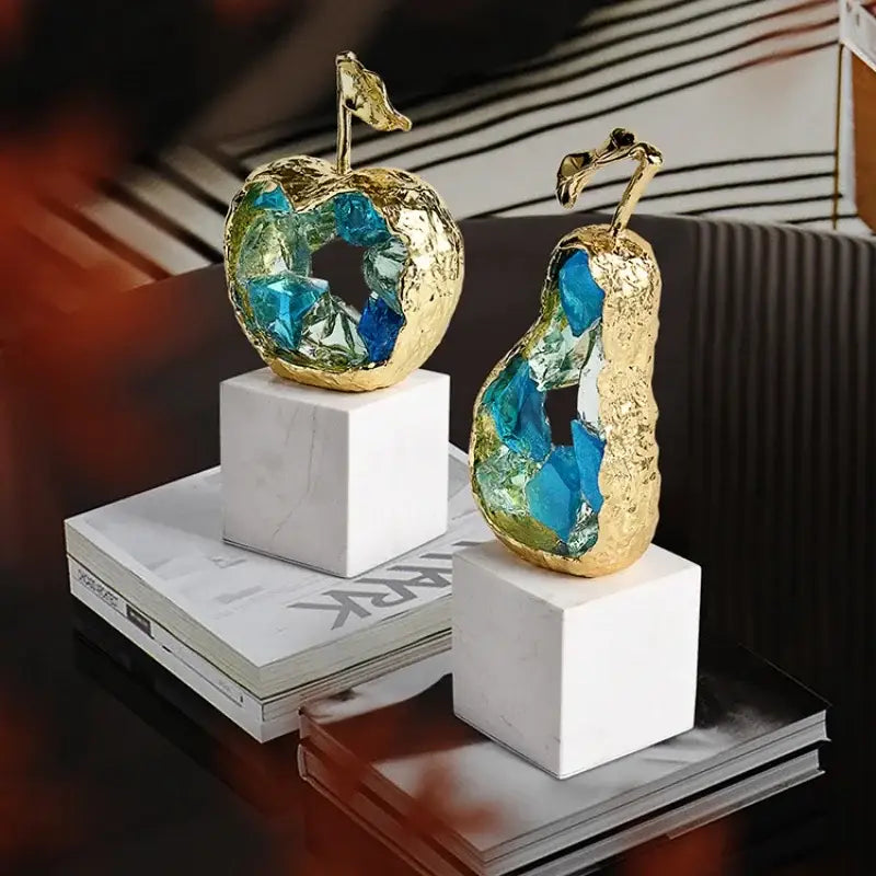 Crystal fruit sculpture set with blue & green glass for living room