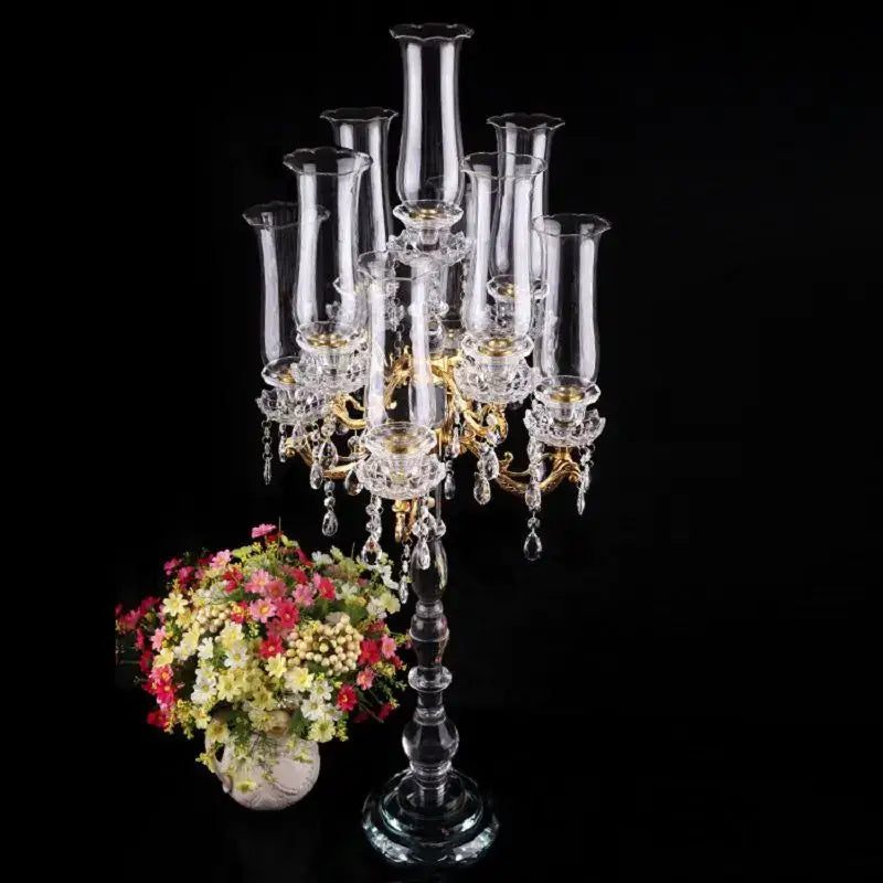 Crystal glass candle holders with teardrop accents for dining room