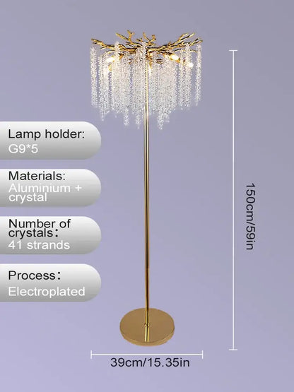 Crystal gold led floor lamp for living room with cascading strands