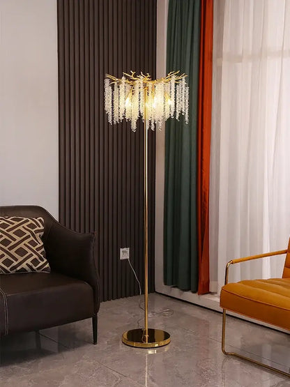 Crystal gold led floor lamp for living room with cascading strands