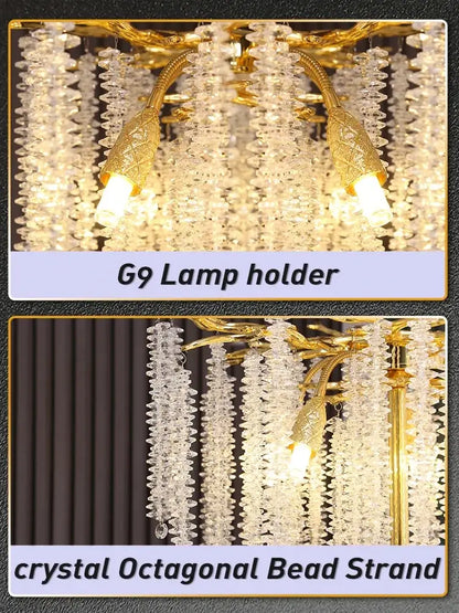 Crystal gold led floor lamp for living room with cascading strands