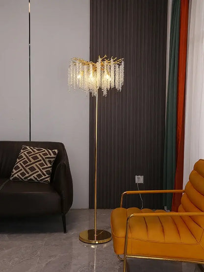 Crystal gold led floor lamp for living room with cascading strands