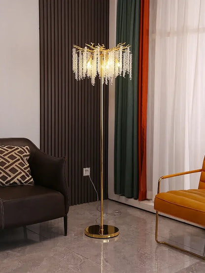 Crystal gold led floor lamp for living room with cascading strands