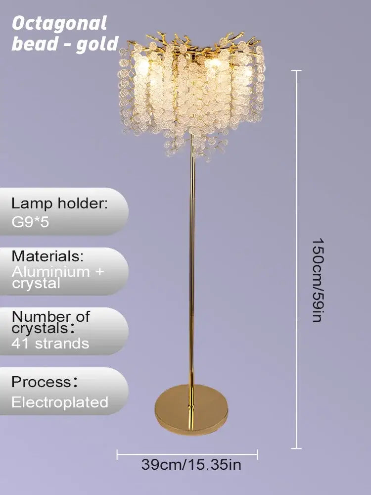 Crystal gold led floor lamp for living room with cascading strands