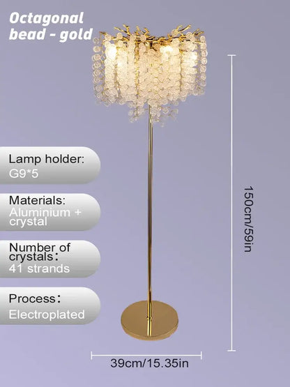 Crystal gold led floor lamp for living room with cascading strands