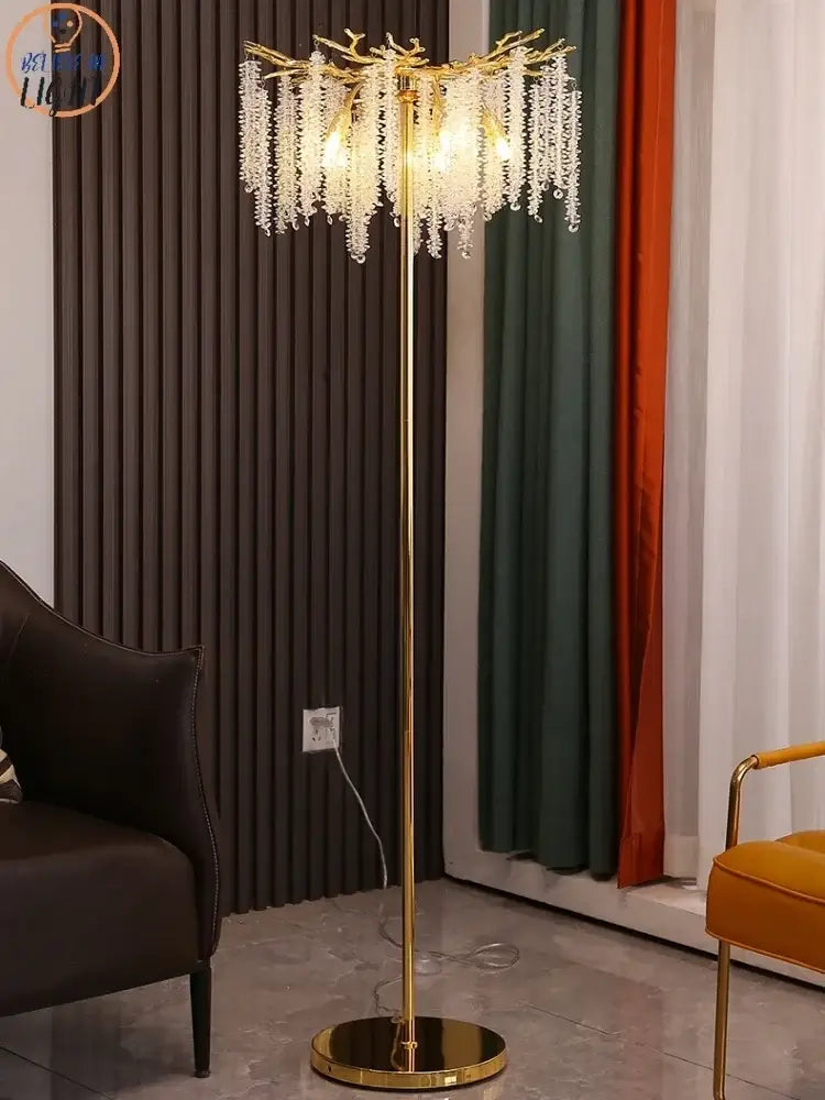Crystal gold led floor lamp for living room with cascading strands