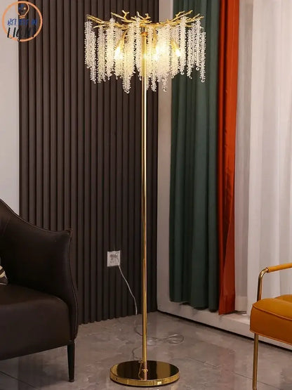 Crystal gold led floor lamp for living room with cascading strands