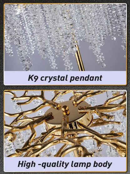 Crystal gold led floor lamp for living room with cascading strands