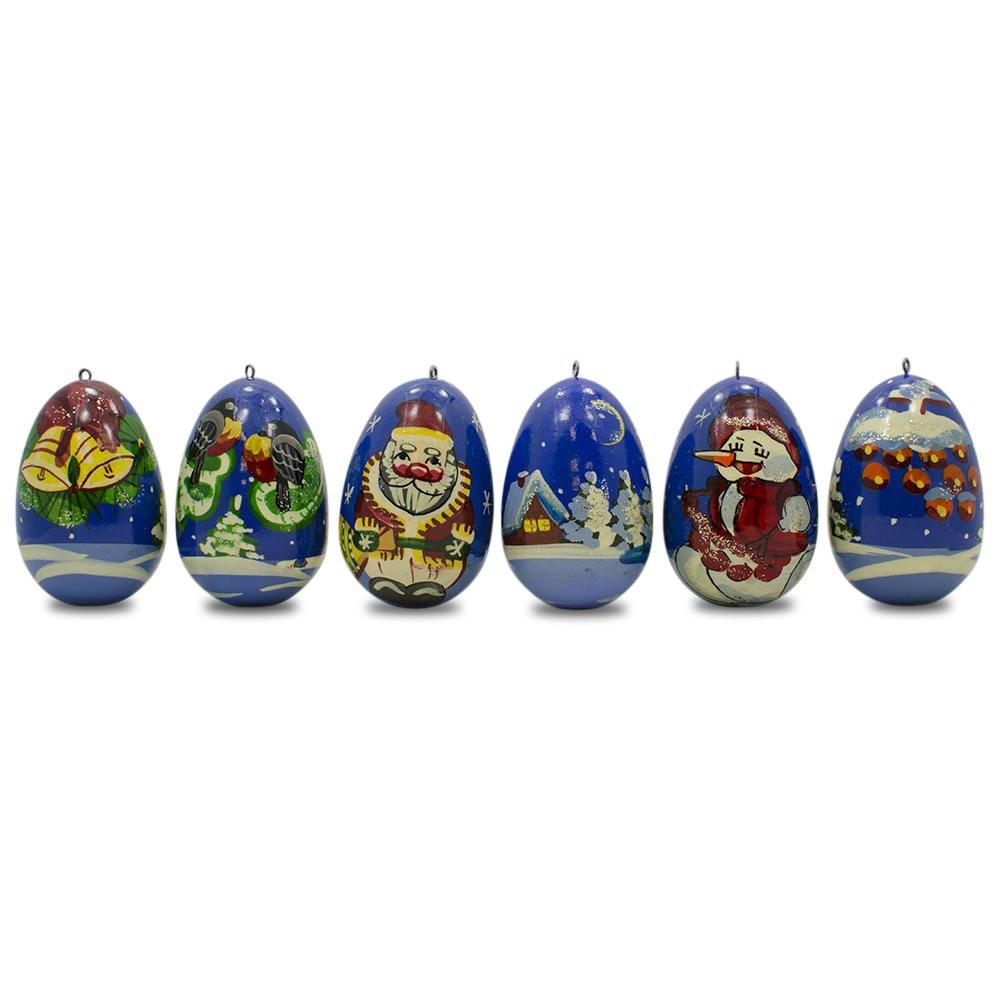 6 Santa with Snowman and Birds Wooden Christmas Ornaments 2.25 Inches