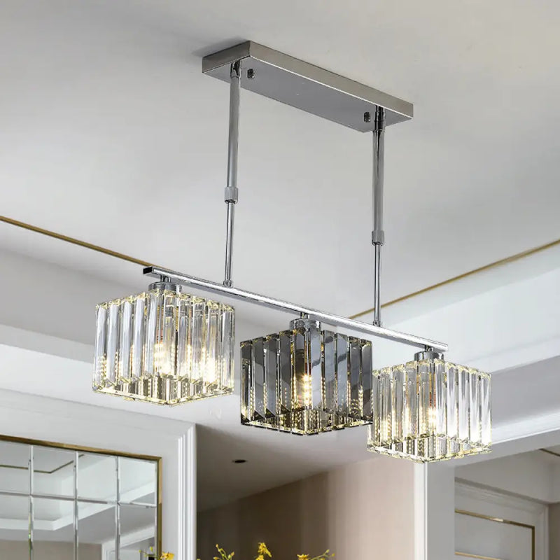 DecorBites™ Cube Island Ceiling Light Modern Crystal Shaded Pendant, Chrome Finish - 3/4 Lights, Table Overhead