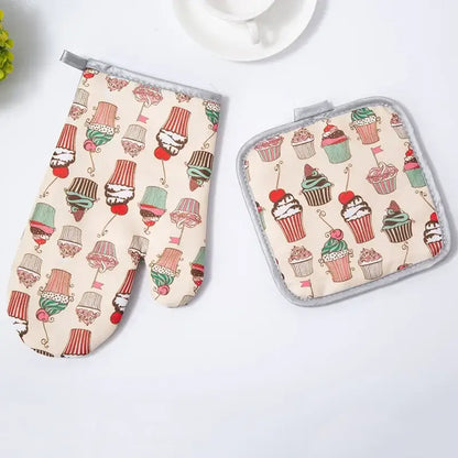Cupcake print cotton kitchen baking gloves and pot holder set
