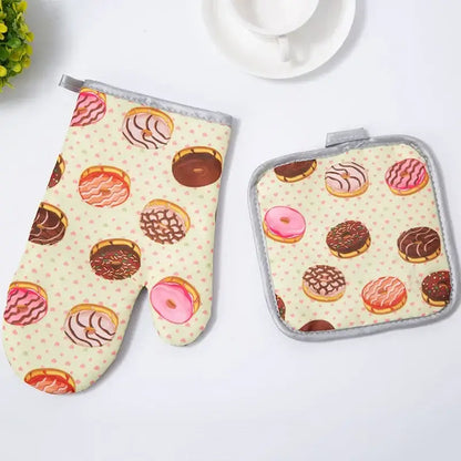 Cupcake print cotton kitchen baking gloves and pot holder set