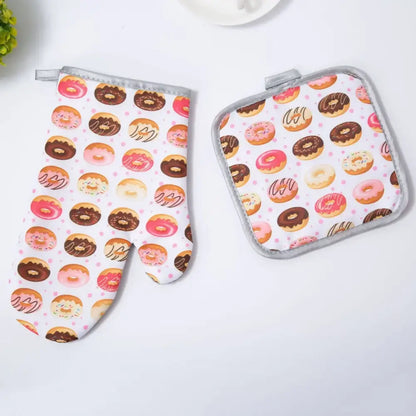 Cupcake print cotton kitchen baking gloves and pot holder set