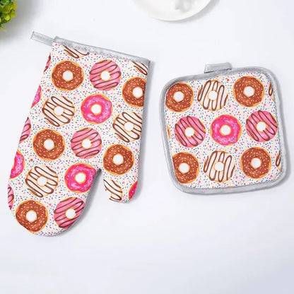 Cupcake print cotton kitchen baking gloves and pot holder set