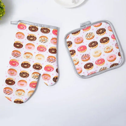 Cupcake print cotton kitchen baking gloves and pot holder set