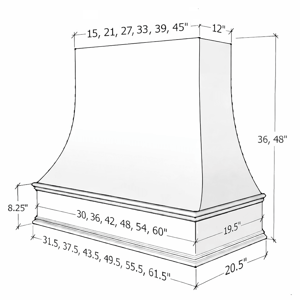 Wood Range Hood With Curved Front and Decorative Trim - 30" 36" 42" 48" 54" and 60" Widths Available