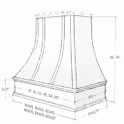 Wood Range Hood With Curved Front, Silver Strapping and Block Trim - 30", 36", 42", 48", 54" and 60" Widths Available