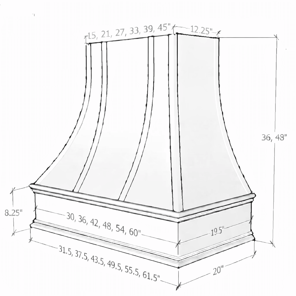 Wood Range Hood With Curved Strapped Front and Decorative Trim - 30" 36" 42" 48" 54" and 60" Widths Available