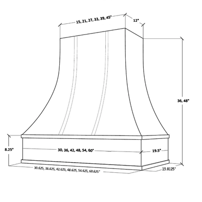 Wood Range Hood With Curved Front and Brass Strapping and Flat Trim - 30" 36" 42" 48" 54" and 60" Widths Available