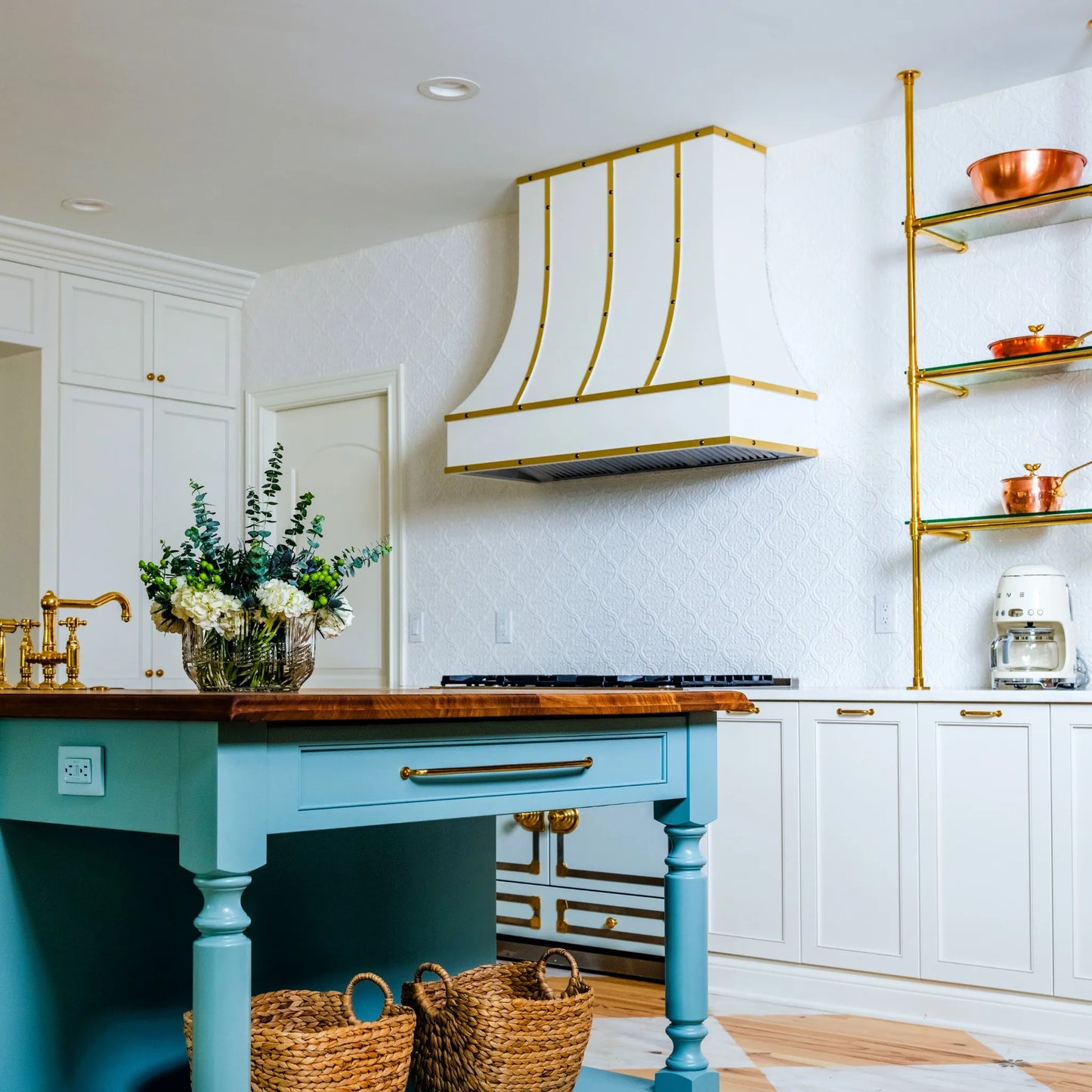 Wood Range Hood With Curved Front, Brass Strapping and Buttons - 30", 36", 42", 48", 54" and 60" Widths Available