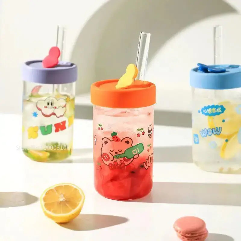 Cute bear cartoon glass cup with orange & pink – kitchen drinkware