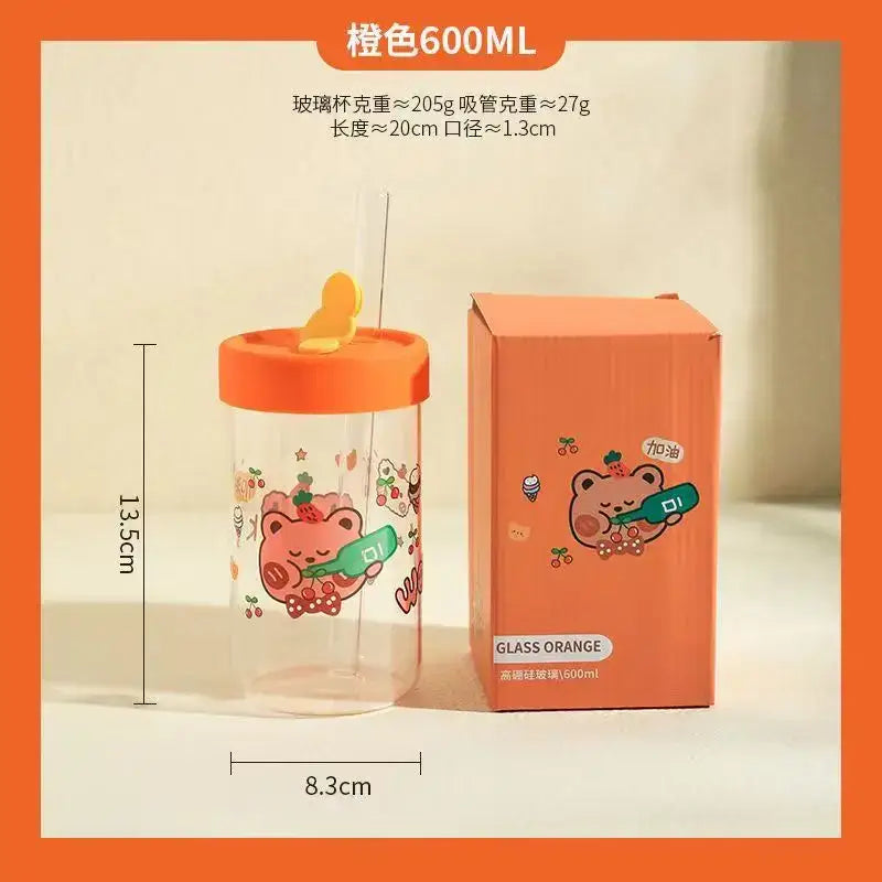 Cute bear cartoon glass cup with orange & pink – kitchen drinkware