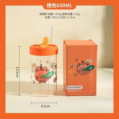 Cute bear cartoon glass cup with orange & pink – kitchen drinkware